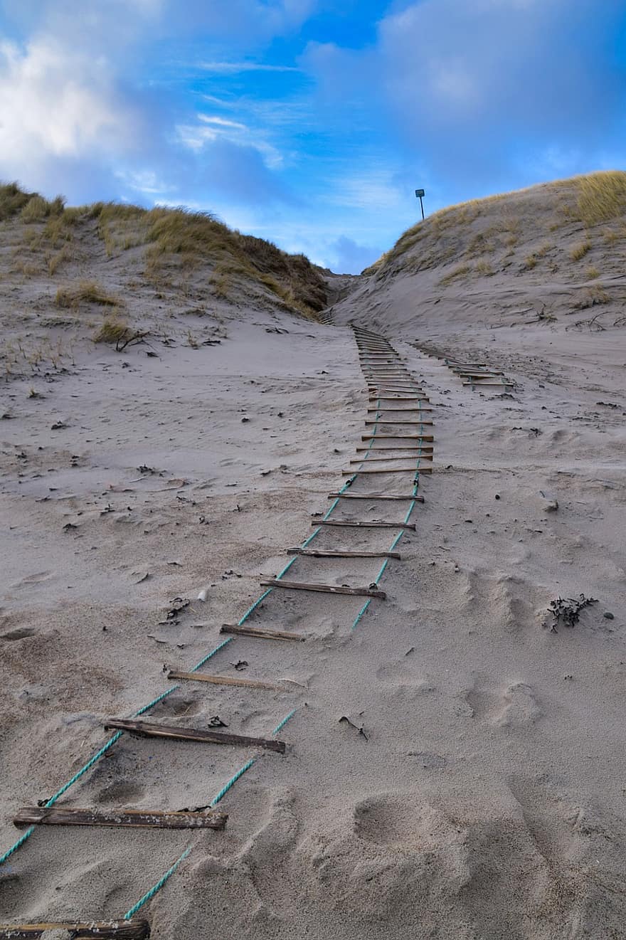 escada, areia, de praia, duna de areia, panorama, azul, meio Ambiente, verão, litoral, viagem, grama