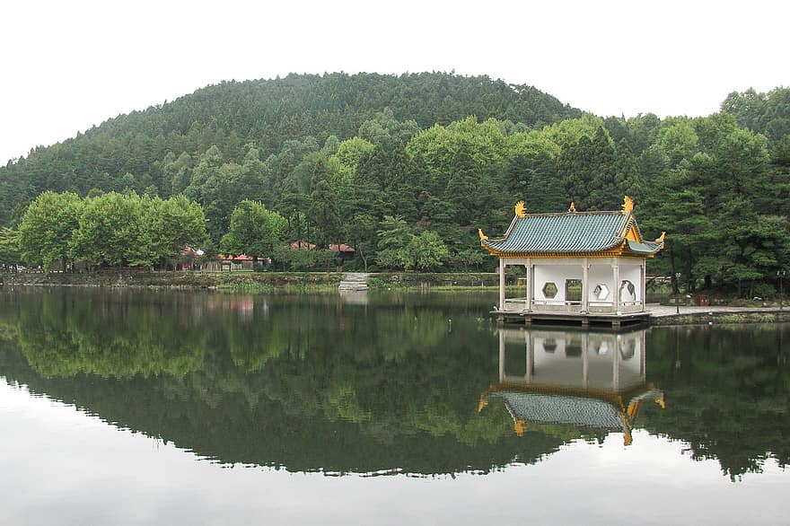 innsjø, pagoda, brygge, bro, bygning, trær, skog, reed harp lake, vann, Huxin-paviljongen