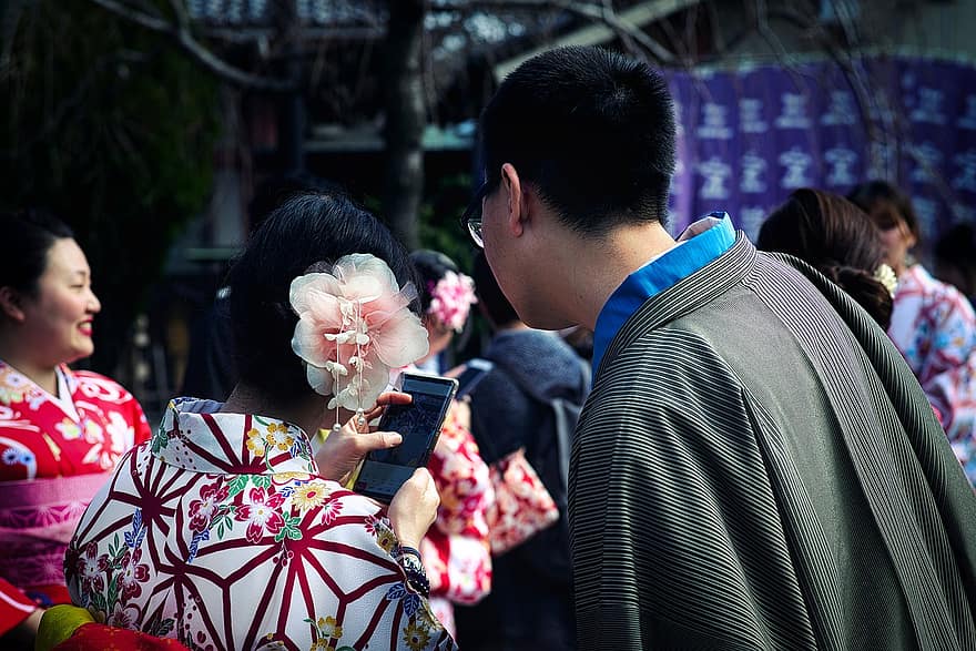 cuplu, chimono, costum, înapoi, frizură, floare, tradiţie, japonez, Tokyo, Japonia