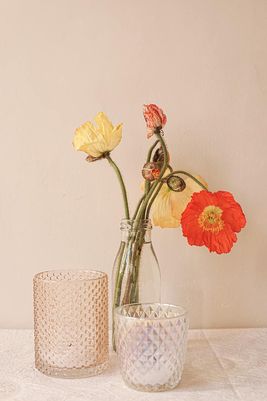 Candles, Flowers, Vase, Bouquet, Poppy