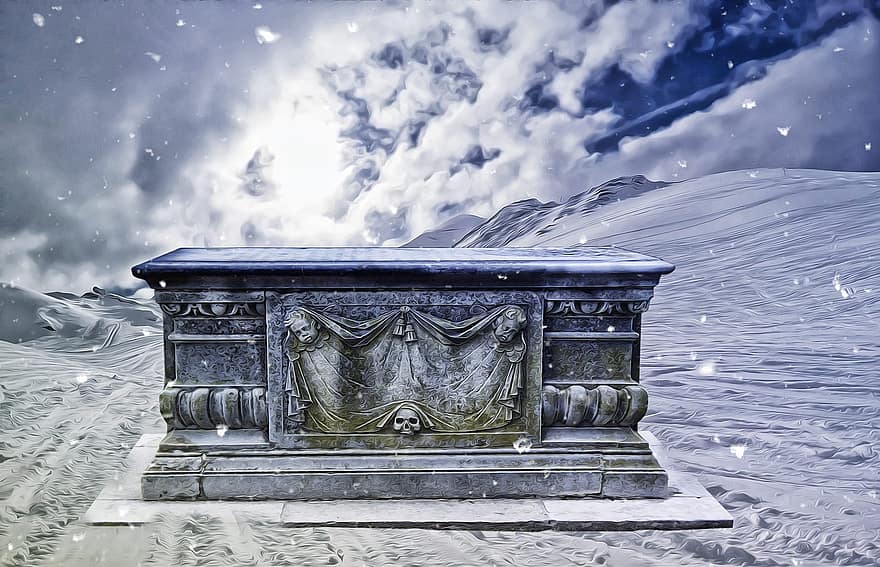 Gothic, Fantasy, Dark, Tomb, Snow, Gothic Landscape, Mystery, Mysterious, Mountains, Storm, Tomb In The Snow