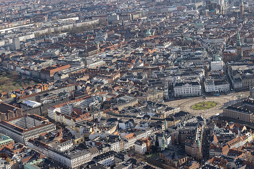 Koppenhága, Dánia, város, épületek, városkép, városi, légi felvétel, tető, magas szög kilátás, építészet, városi élet