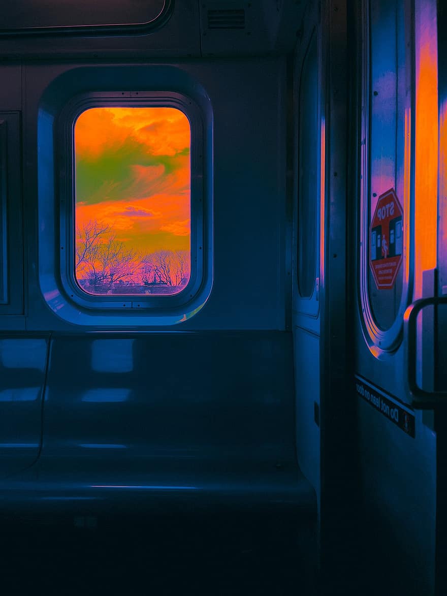 влак, Ню Йорк, транспорт, киното, метро, жп линия, прозорец, на закрито, пътуване, във вътрешността на, син