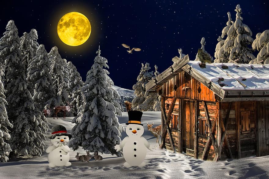 Winter, Landscape, Wintry, Trees, Cold, Snow, Snowman, Hut, Mountain Hut, Log Cabin, Rabbit