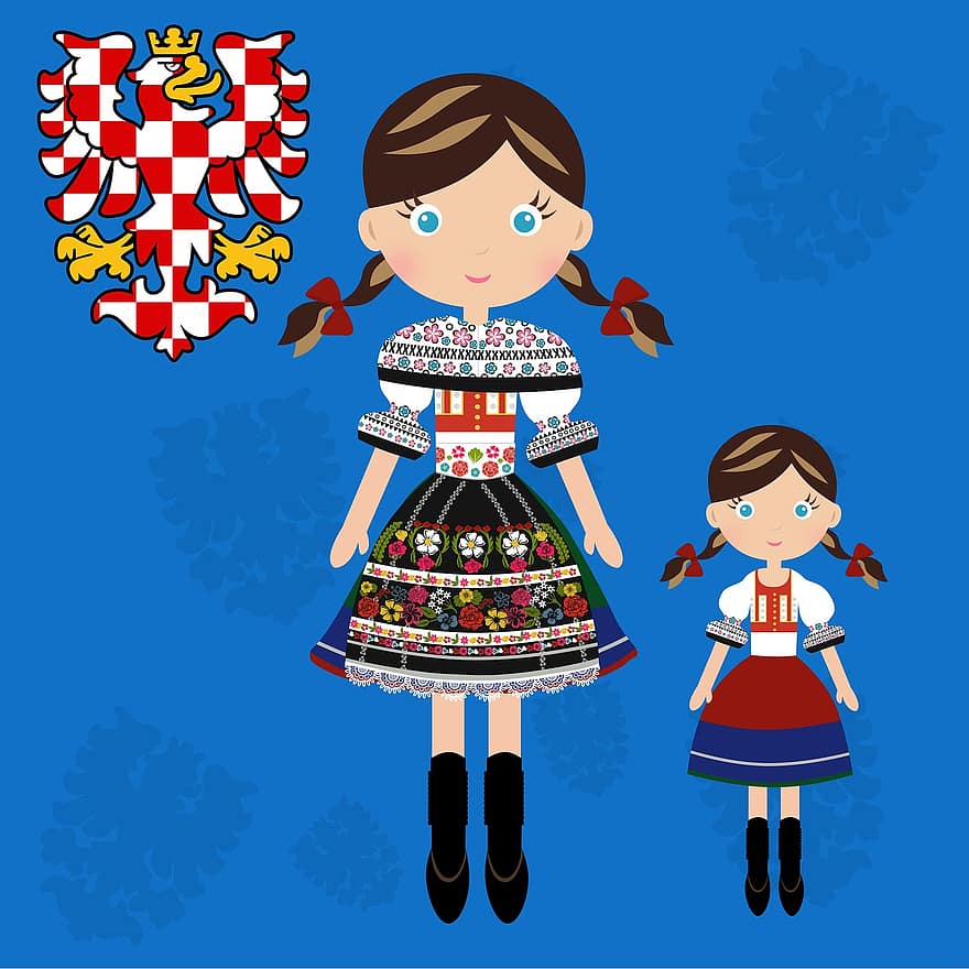 poupée, tchèque, Costume morave, la moravie, L'aigle morave, blanc, fille, des enfants, mignonne, bleu, République Tchèque