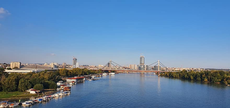 Miasto, Serbia, rzeka, Belgrad, Dunaj, most, znane miejsce, architektura, pejzaż miejski, woda, miejska linia horyzontu