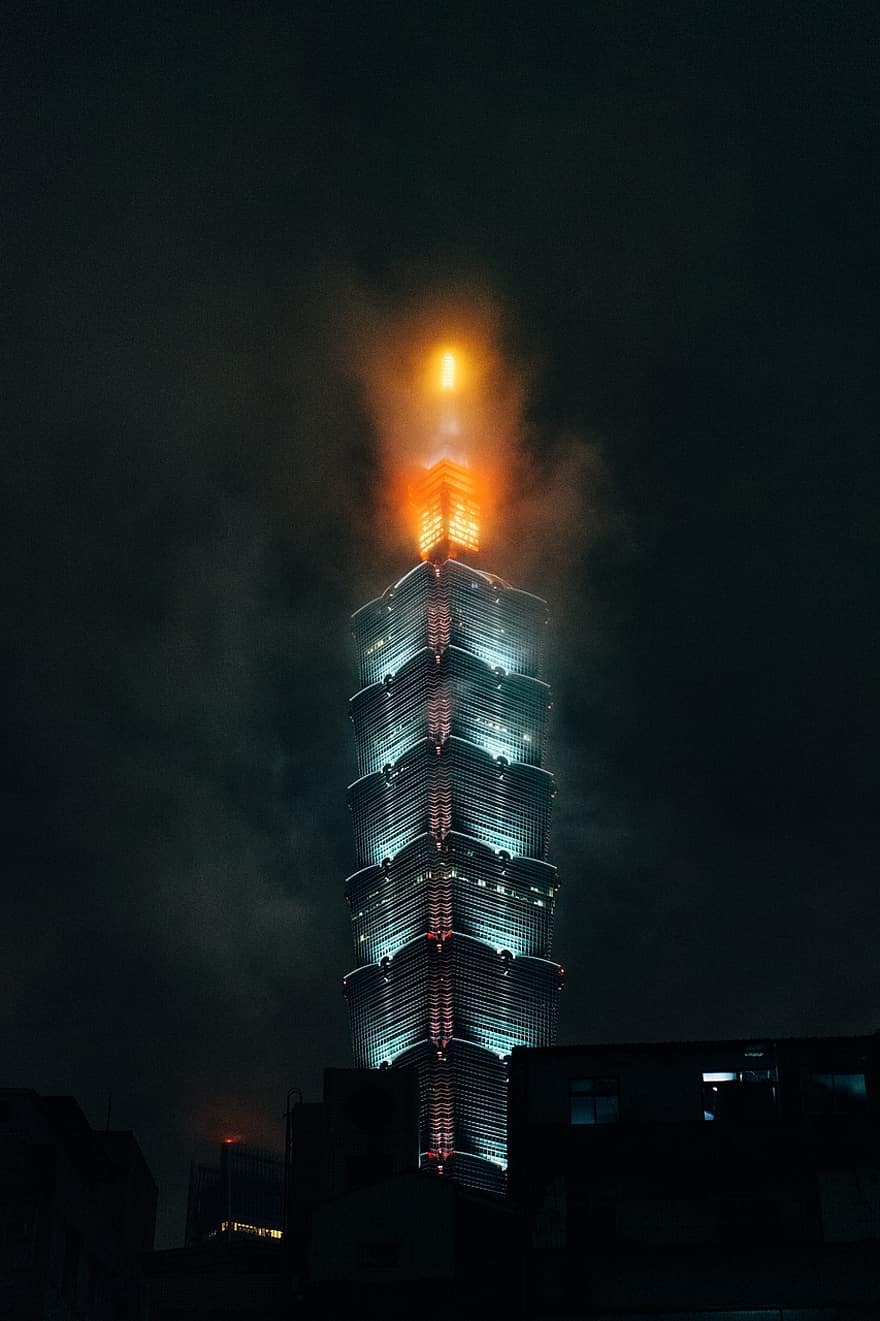 taipei 101, wolkenkrabber, Taipei, nacht, verlicht, gebouw, architectuur, mist, hemel, Taiwan, Taiwanees