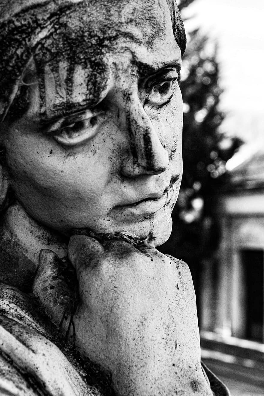 Sculpture, White, Black, Mind, Thought, black and white, statue, sadness, christianity, religion, grief