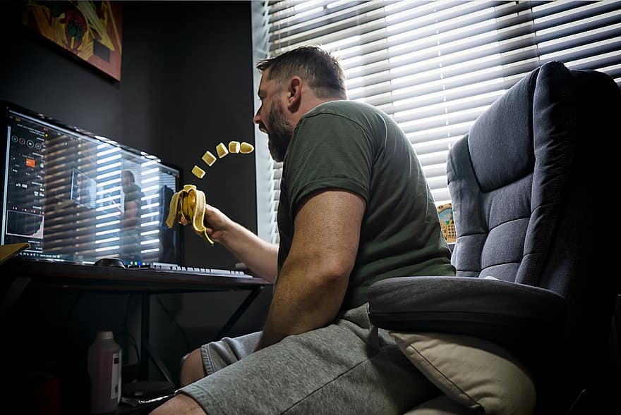 мъж, банан, компютър, бюро, офис, повдигане, магия
