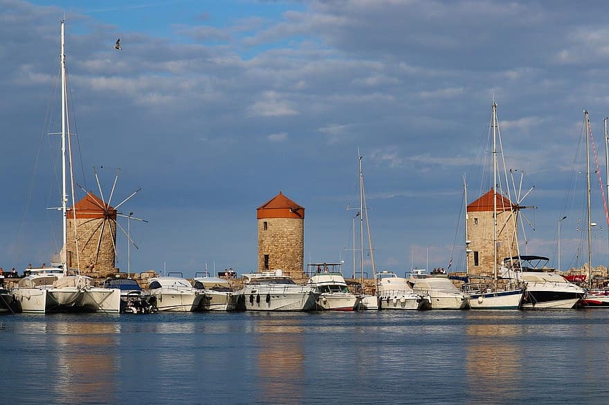 kikötő, csónak, szélmalmok, Rhodes, Görögország, sziget, tájékozódási pont, épületek, történelmi, régi, kultúra