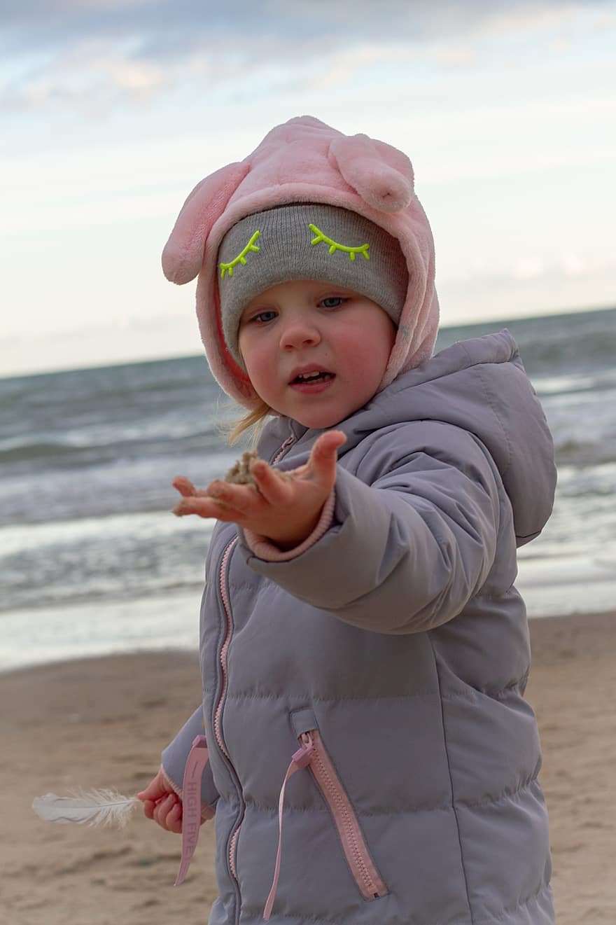 dívka, pláž, dítě, moře, pobřeží, Baltské moře, Studený, venku