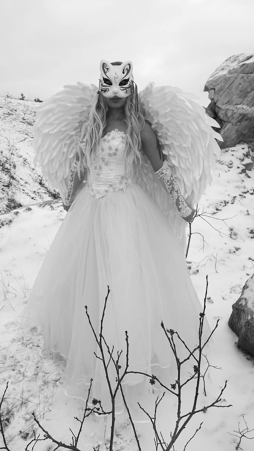 sparnai, angelas, suknelė, istorija, fantazija, žiemą, sniegas