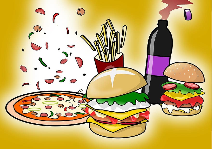fast food, przyjęcie, napój bezalkoholowy, Pizza, hamburgery, przekąski, posiłek, pyszne, niezdrowy, jeść, leczyć