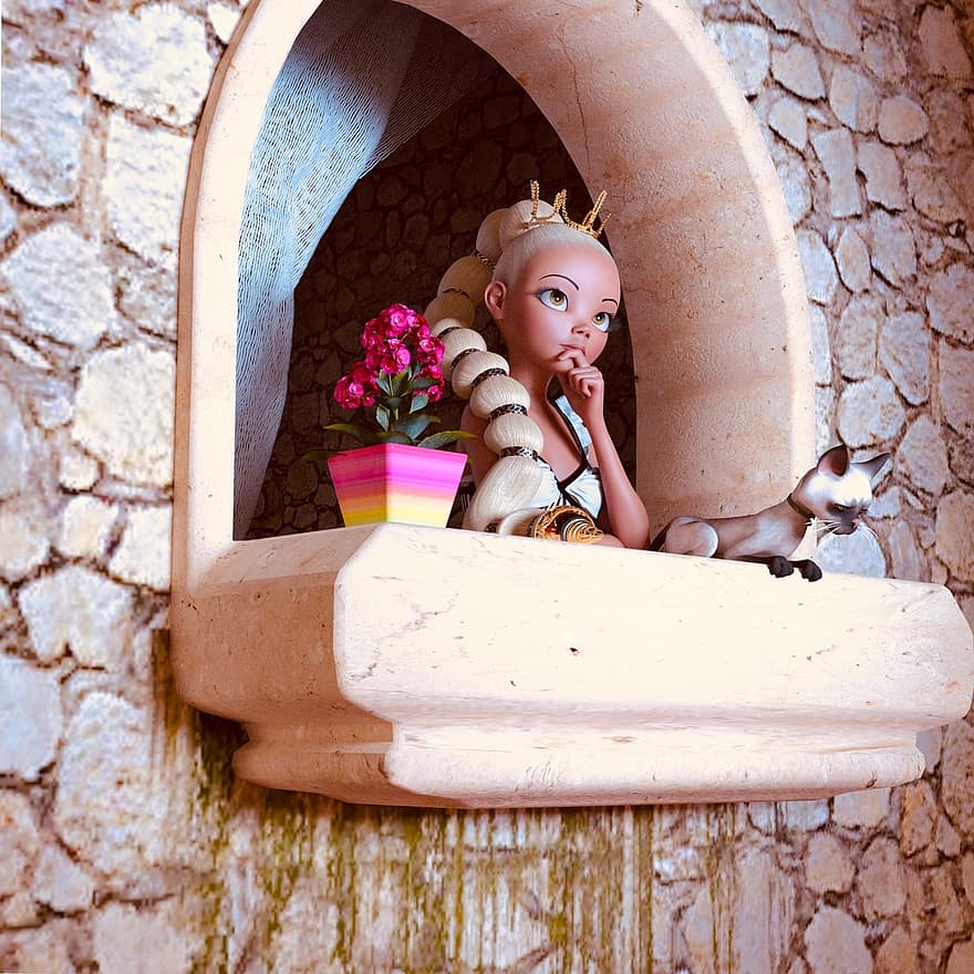 Rapunzel, eventyr, slot, prins, fletning, fantasi, krone, humør, vrede, hår, børn