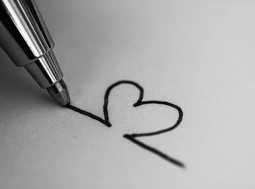 penna, hjärta, ritning, klotter, papper, kulspetspenna