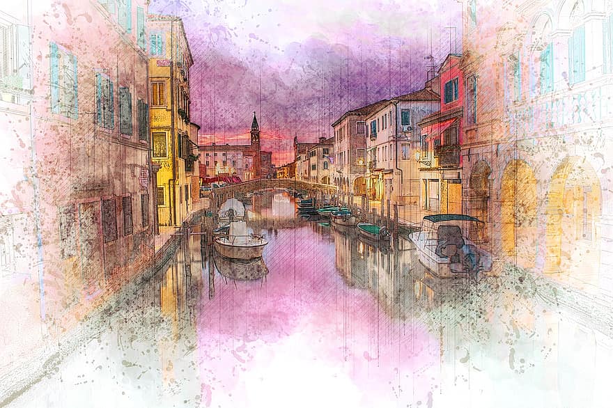Venetië, Italië, buitenshuis, architectuur, groot kanaal, reizen, water, toerisme, stad, venezia, schilderij