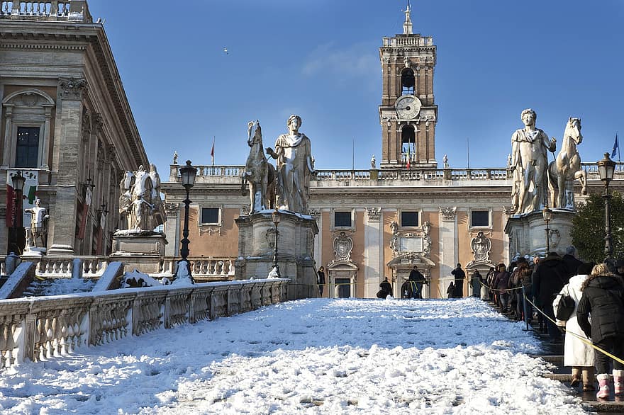 Capitoli, neu, Roma, nevat, gelades, gelada, brisa, paisatge nevat, estàtues, edifici, arquitectura