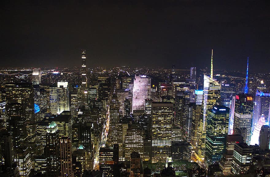 nyc, Manhattan, noc, Miasto, architektura, sylwetka na tle nieba, pejzaż miejski, Budynki, Ameryka, wieżowiec, USA