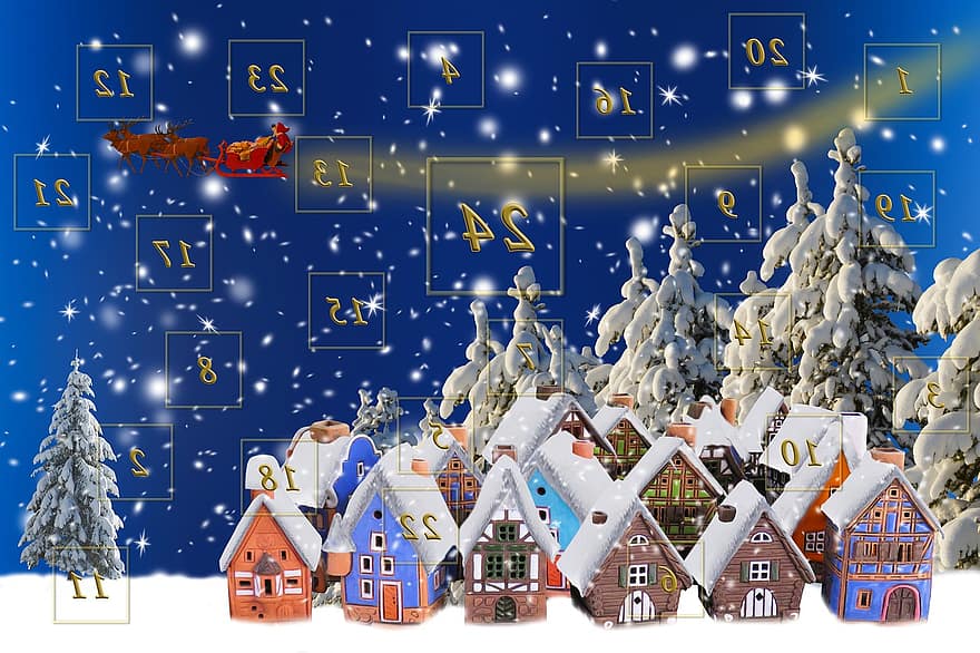 fundo, advento, calendário, Papai Noel, deslizar, presentes, alegria, casas, aldeia, floresta, neve