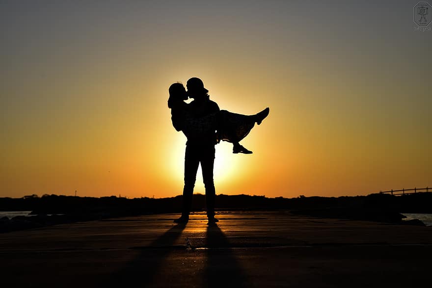 coppia, bacio, tramonto, romantico, sole, costa, romanza, Gli amanti, insieme, silhouette, riva
