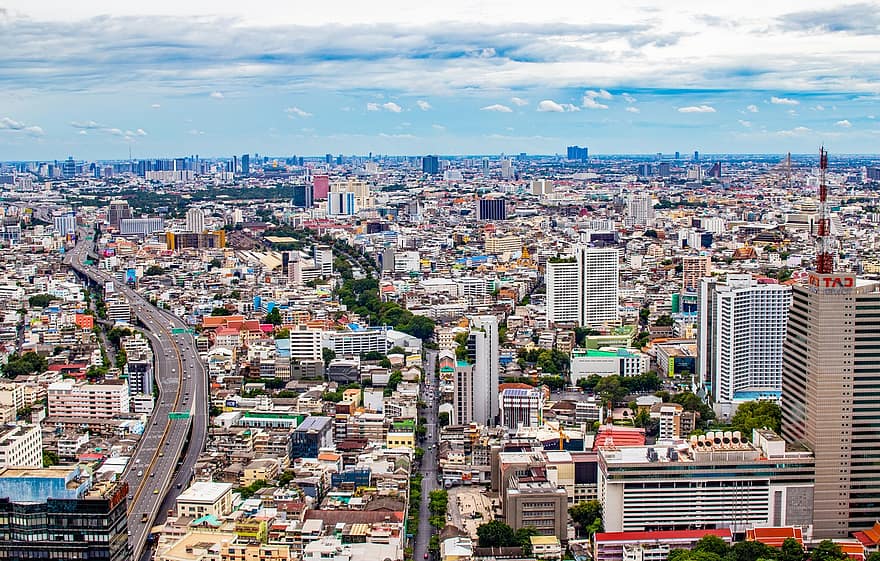 Bangkok, város, épületek, panoráma, felhőkarcoló, láthatár, nagy emelkedés, városkép, belváros, világváros, modern