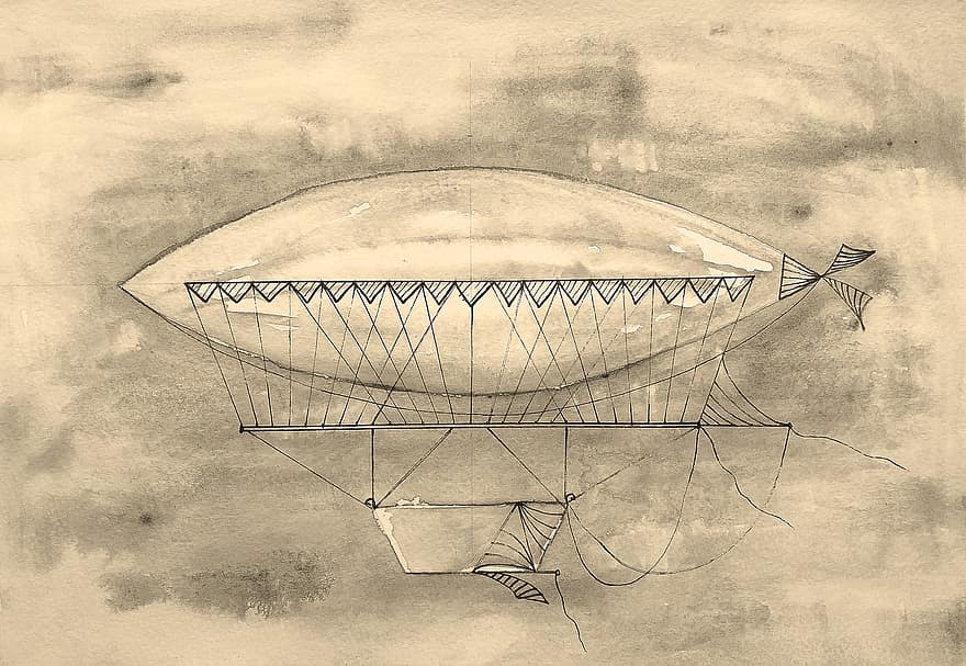 das Luftschiff, Ballon, Zeppelin, Tsiolkovsky, retro, Jahrgang, Sepia, Grafik, Zahl, Der Anfang des 19. Jahrhunderts