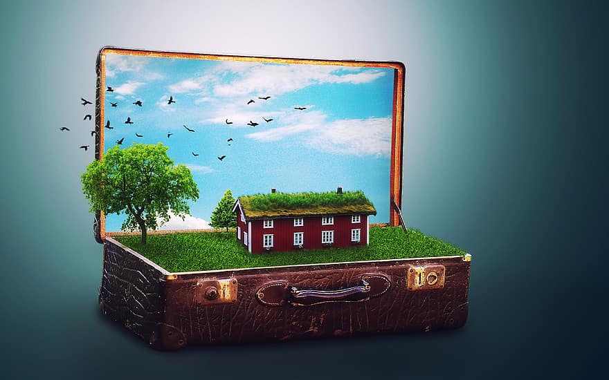Koffer, Hütte, Baum, Vögel, Gras, Weide, Fantasie, Collage, Himmel, Wolken