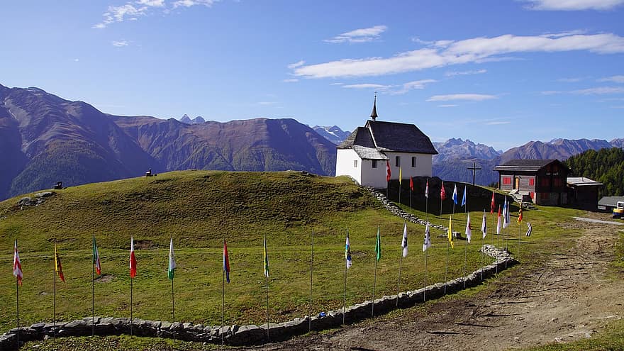 Iglesia, montañas, paisaje, camino, campo, edificio, arquitectura, cordillera, naturaleza, Bettmeralp, Valais