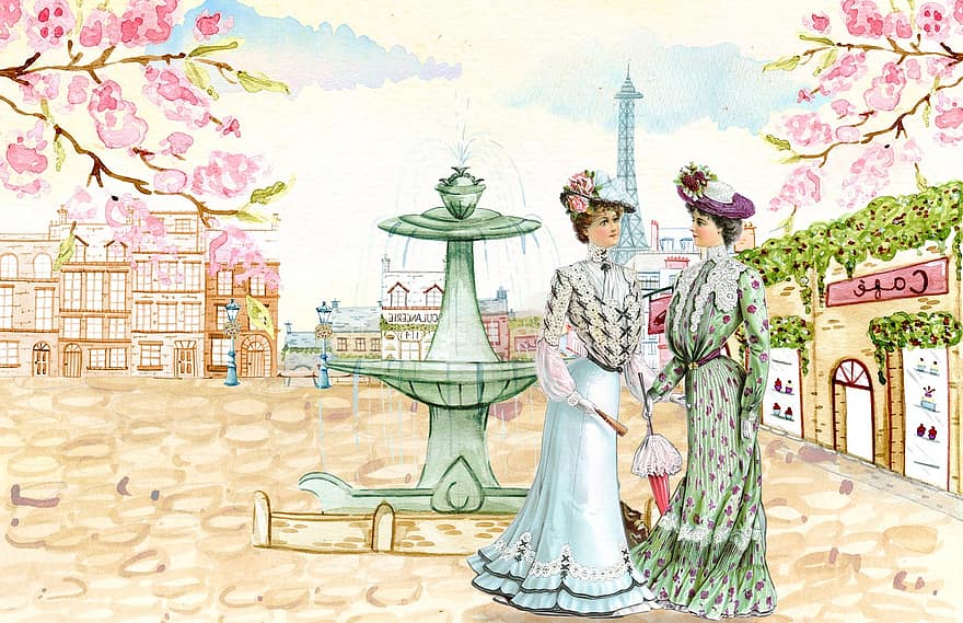 Вінтаж, дами, Париж, площа, Ейфелева, фонтан, 19 століття, жінка, леді, дівчина, одяг