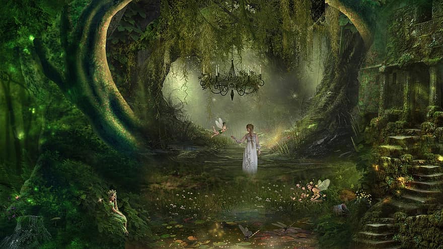 fantasi, feer, magisk skog, skog, menn, tre, kvinner, illustrasjon, voksen, mysterium, landskap