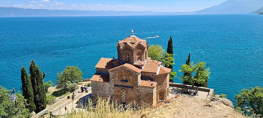 ezers, ceļot, baznīca, Ohridas ezers St John Kaneo, makedonija