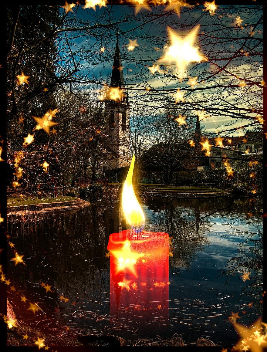 Photomontage, Christmas, Candle, Star, Advent, Winter, Village, Church, View, Shining, Christmas Time