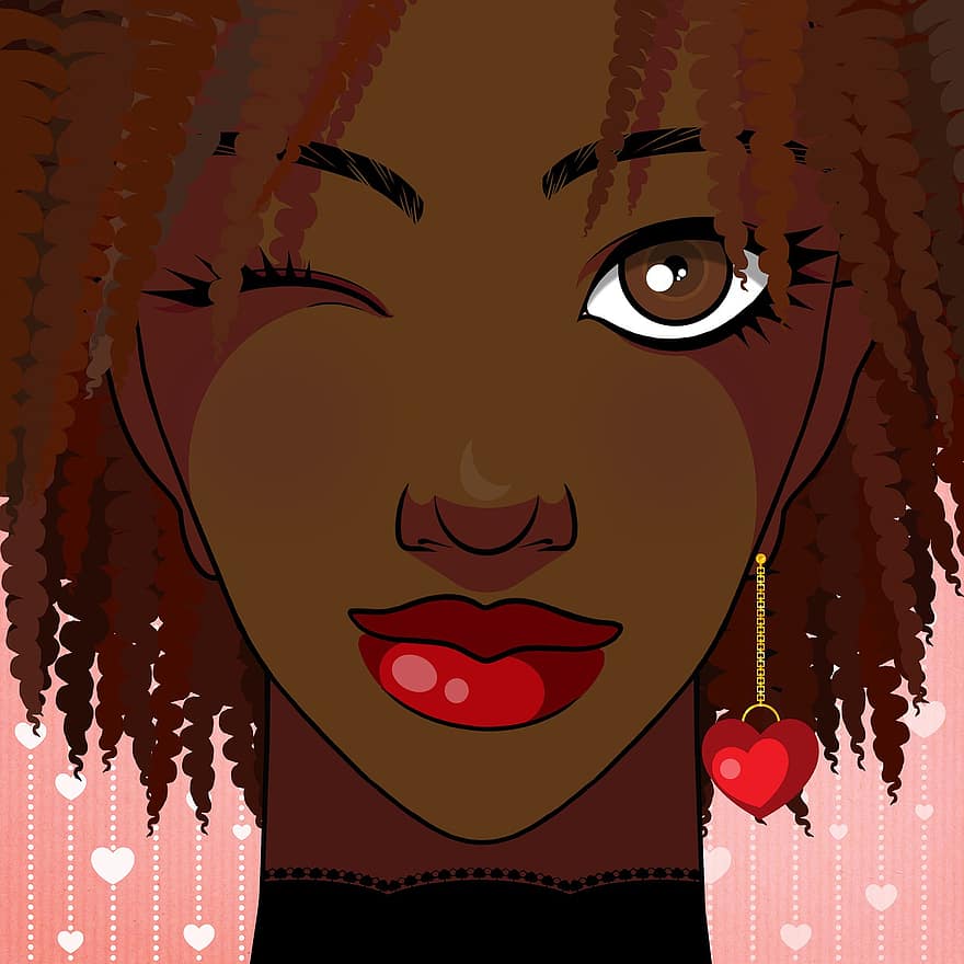 kvinne, african-american, avatar, afro kvinne, afrikansk, afro hår, smil, portrett, pike, hunn, ung kvinne