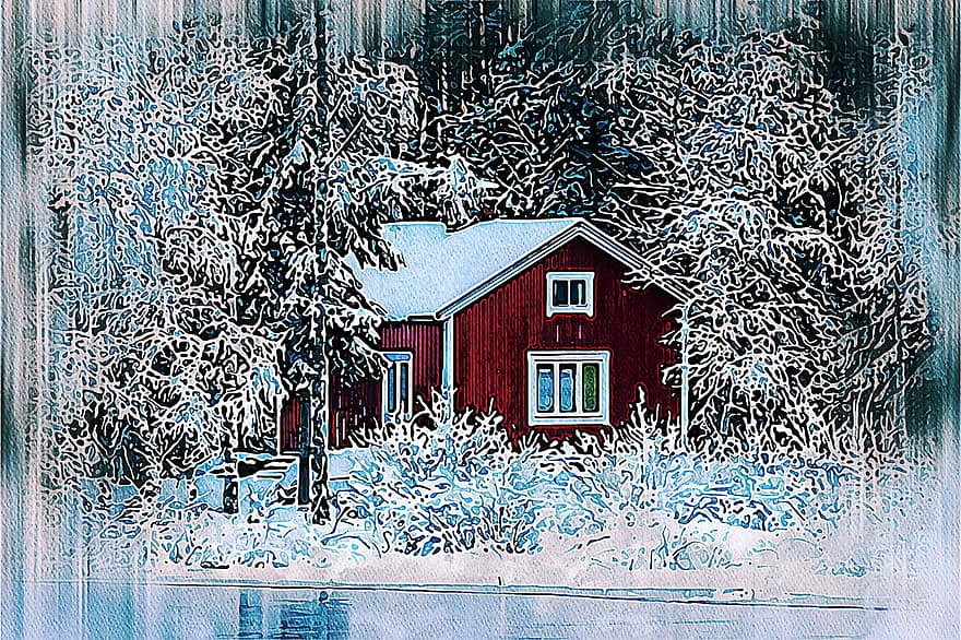 casa de camp, hivern, temporada, refugi, esbós, dibuix, Casa de sauna, neu, cabina, creativitat, arbre