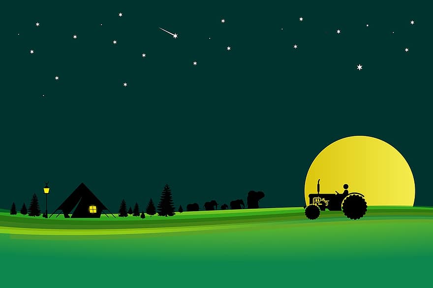 natt, traktor, felt, landsby, landlig, hus, silhouette, måne, måneskinn, fullmåne, stjerner