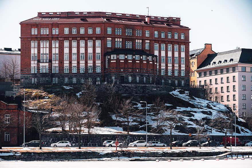épület, város, téli, hegy, ég, Helsinki, egyetemi, építészet, épület külső, hó, városkép