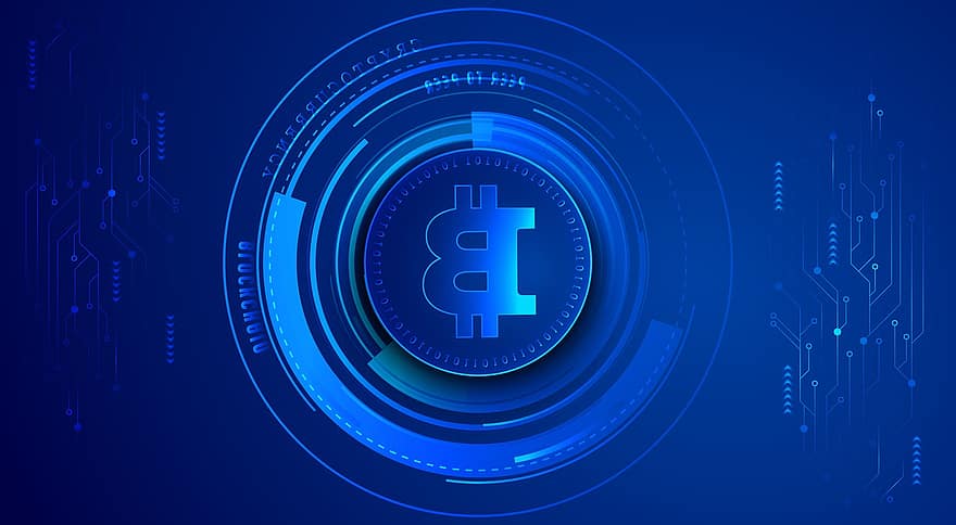 Bitcoin, kryptovaluta, blockchain, krypto, teknologi, digitalt, valuta, mynt, blå, abstrakt, bakgrunn