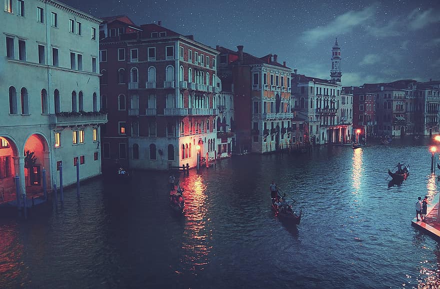 канал, гондола, хора, сграда, къщи, Венеция, архитектура, град, небе