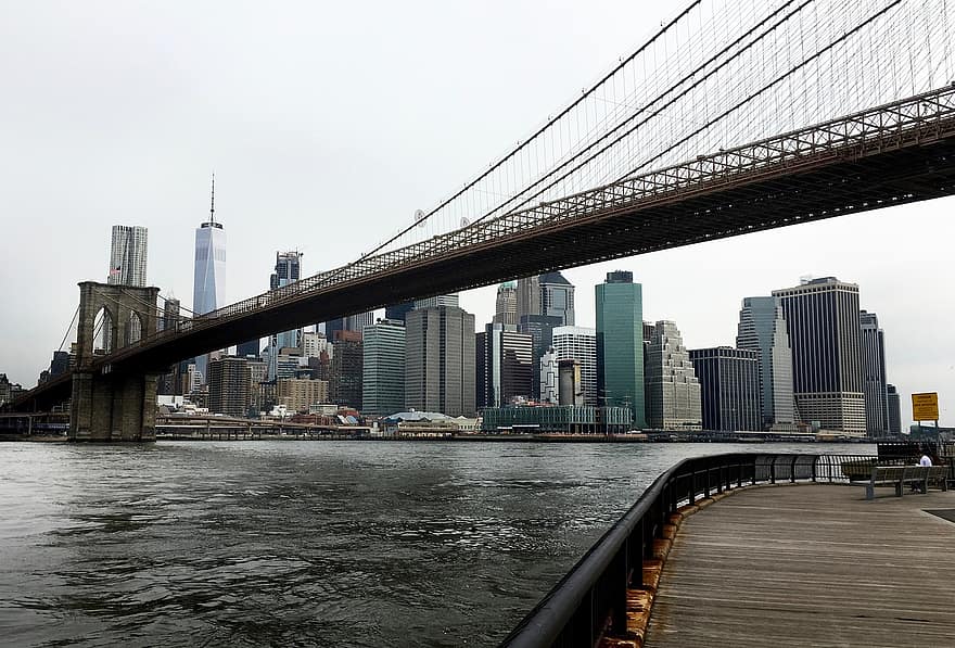 bro, flod, brooklyn, skyskrapor, Tvillingtorn, hudson, New York, manhattan, stad, arkitektur, stadsbild