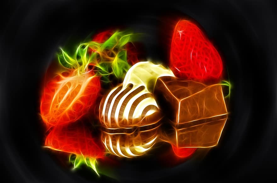 ягода, шоколад, дизайн, фрактал, храна, ягоди, шоколадови бонбони, сладка, цвят, десерт, неон