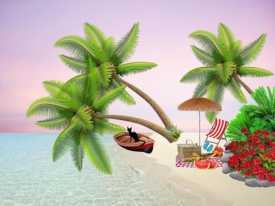 strand, picknick, boot, struik, palmbomen, strandstoel, zomer, oceaan, zwarte kat, natuur, zandstrand
