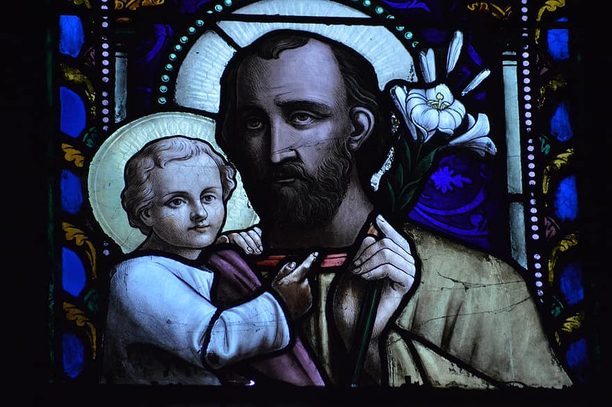 Stained Glass, Window, Church, Saint, Father, Joseph, Jesus, Child, Halos, Lilies, Purity