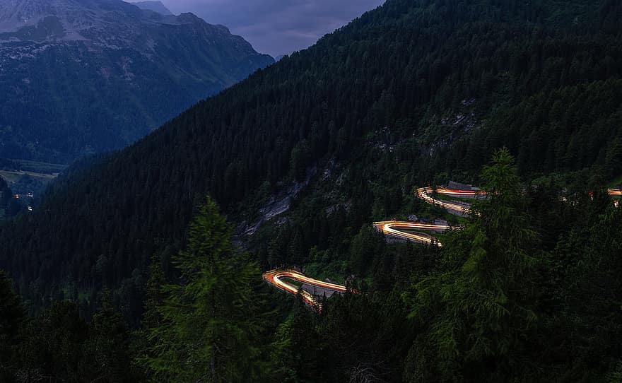 alpine, lichte sporen, maloja pass, zomer, nachtfotografie, lange blootstelling