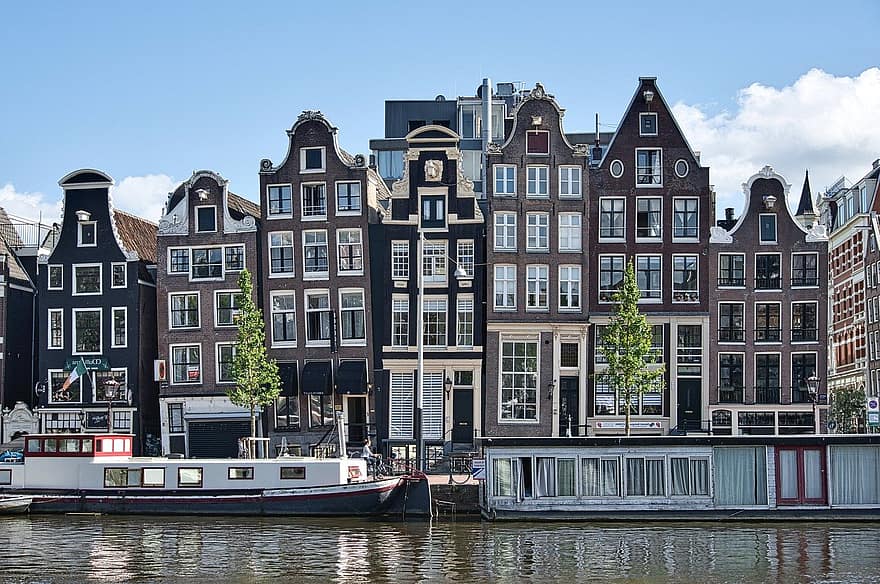 建物、アムステルダム、歴史的な、建築、ファサード、旅行