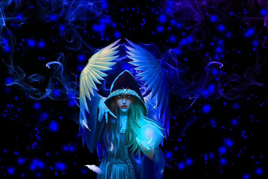 fons, disseny, blau, àngel, fantasia, femella, personatge, art digital