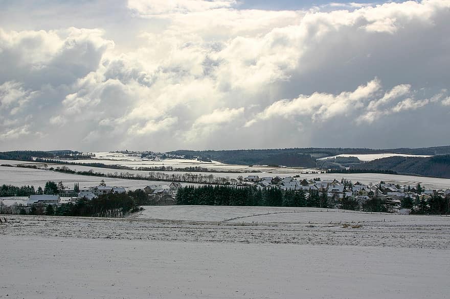 снежный пейзаж, Эйфель, облака, снег, поле, панорама, дома, деревня, деревья, неприветливый, снежно