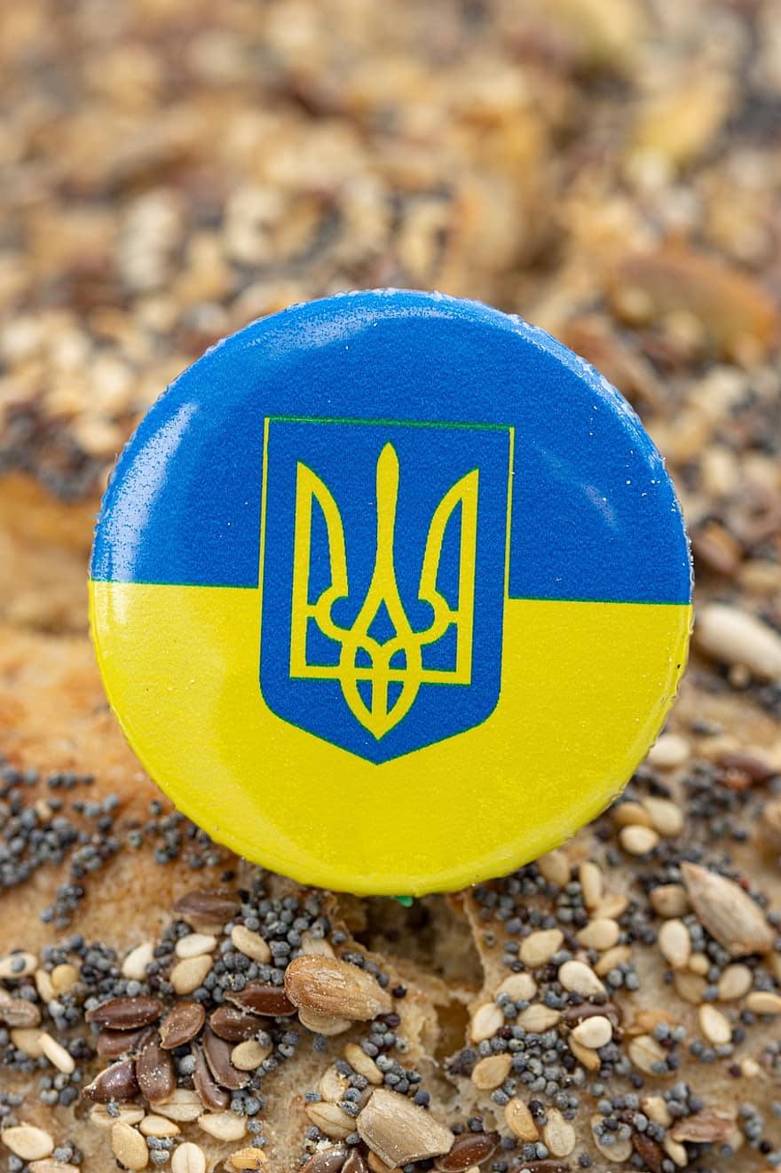 Ukraina, knapp, våpenskjold, crest, emblem, banner, logo, nærbilde, sand, blå, bakgrunn