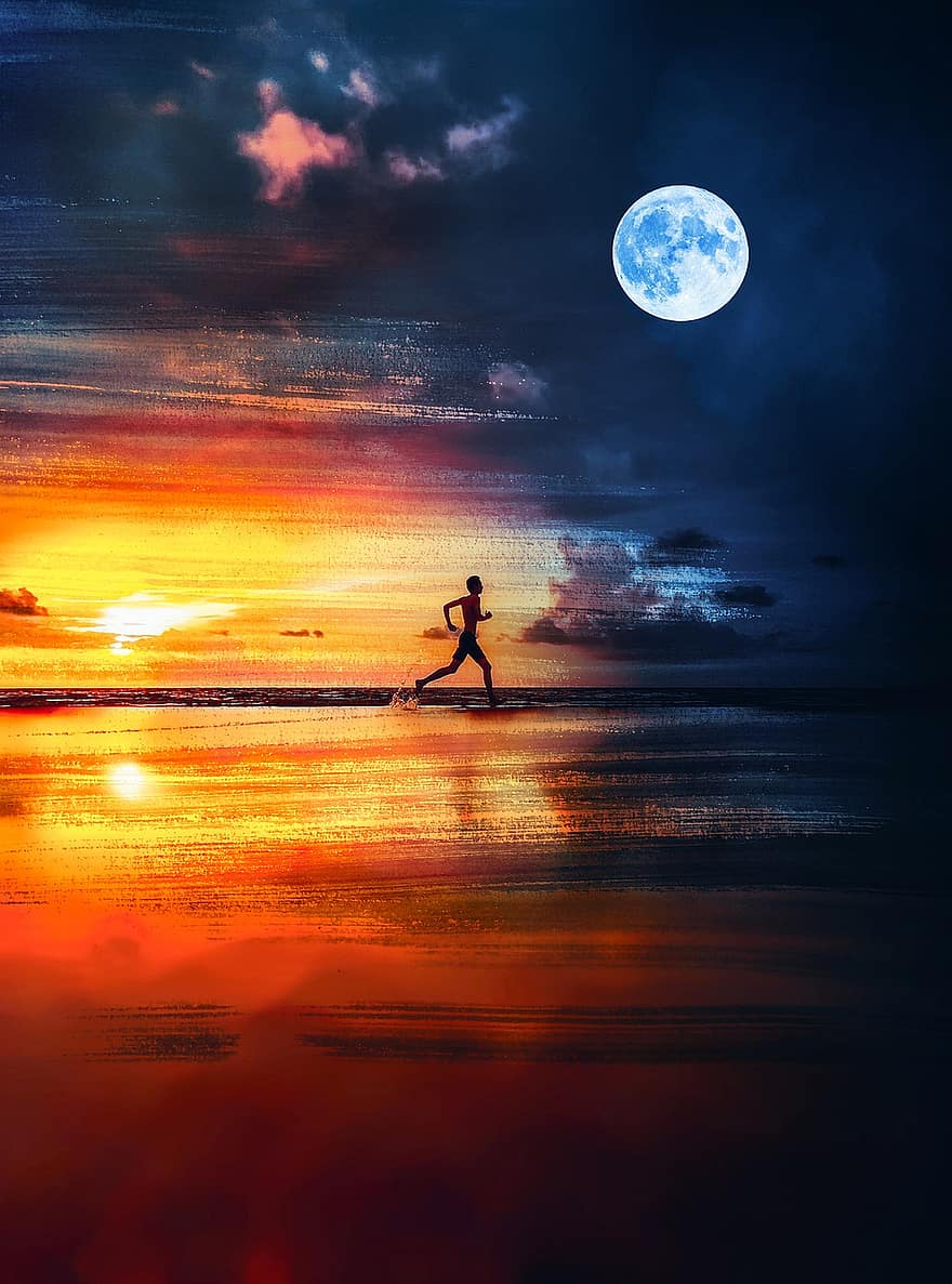 løb, mand, løbende mand, silhuet, maleri, solnedgang, dag og nat, lys og mørk, handling, fredelig, surrealistisk