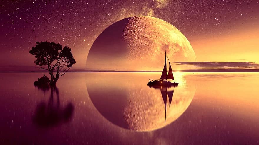 Fantastisk, måne, vann, båt, tre, magi, lys, natur, himmel, mystiske, humør