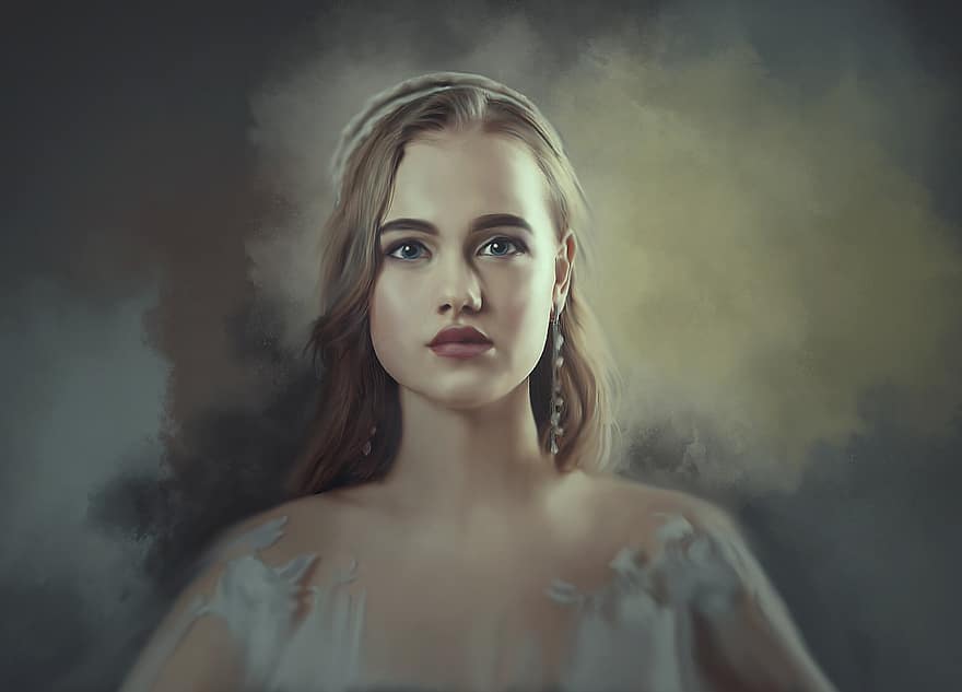 Woman, Young, Blonde, Make Up, Girl, Lady, Medieval, Digital Portrait, Painting, Beauty